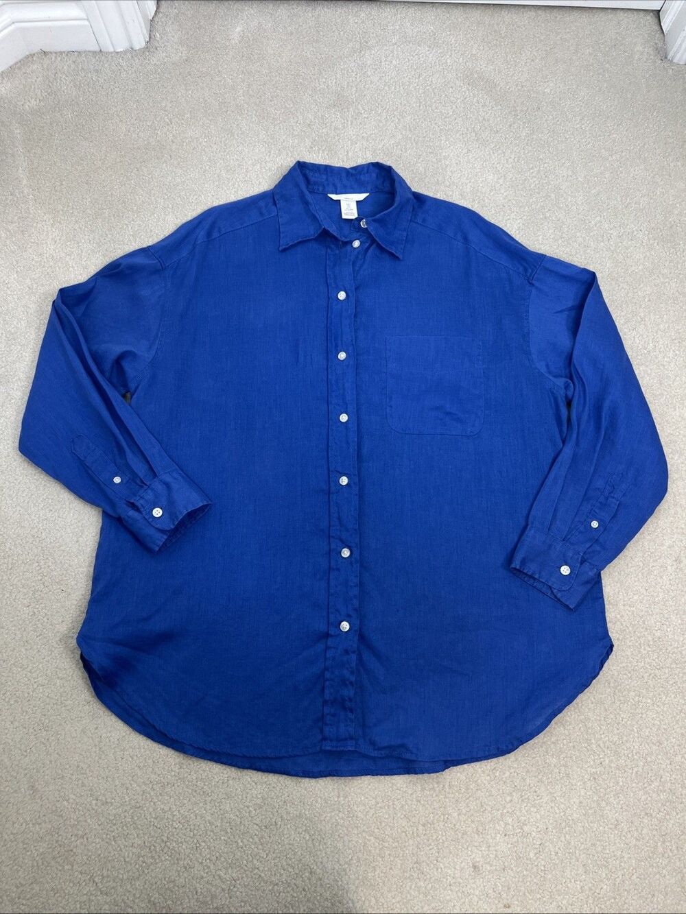 H&M Men’s Blue Linen Coastal Resort Button Down Shirt Long Sleeve Casual Size S